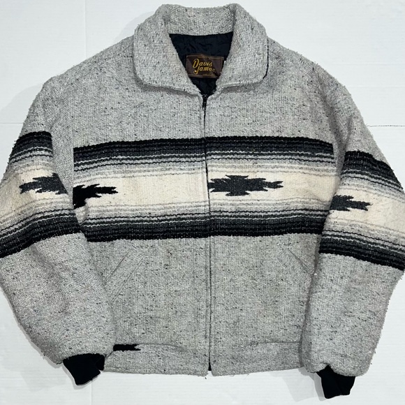 Vintage David James Cowboy Aztec Native Knit Zip Up Zipper Jacket L Blanket  Grey